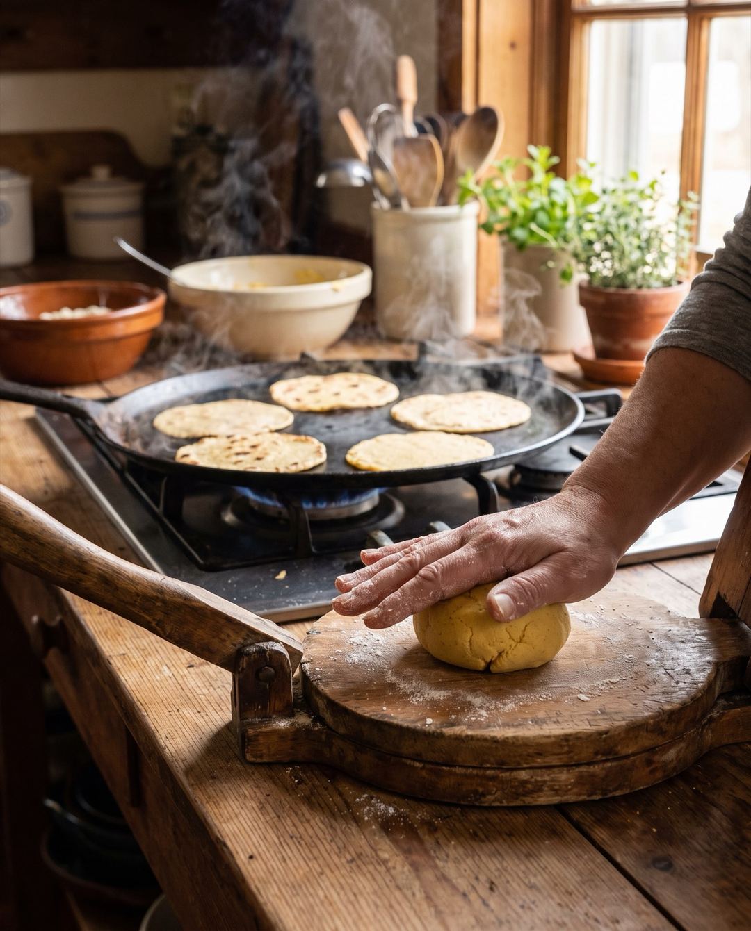 Manos haciendo tortillas de maíz frescas sobre el comal.